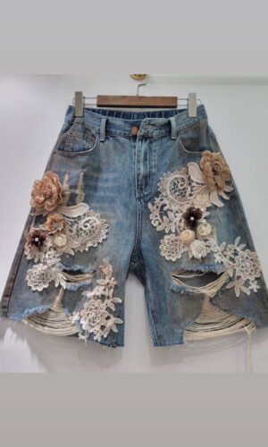 Floral Lace Embellished Denim Shorts