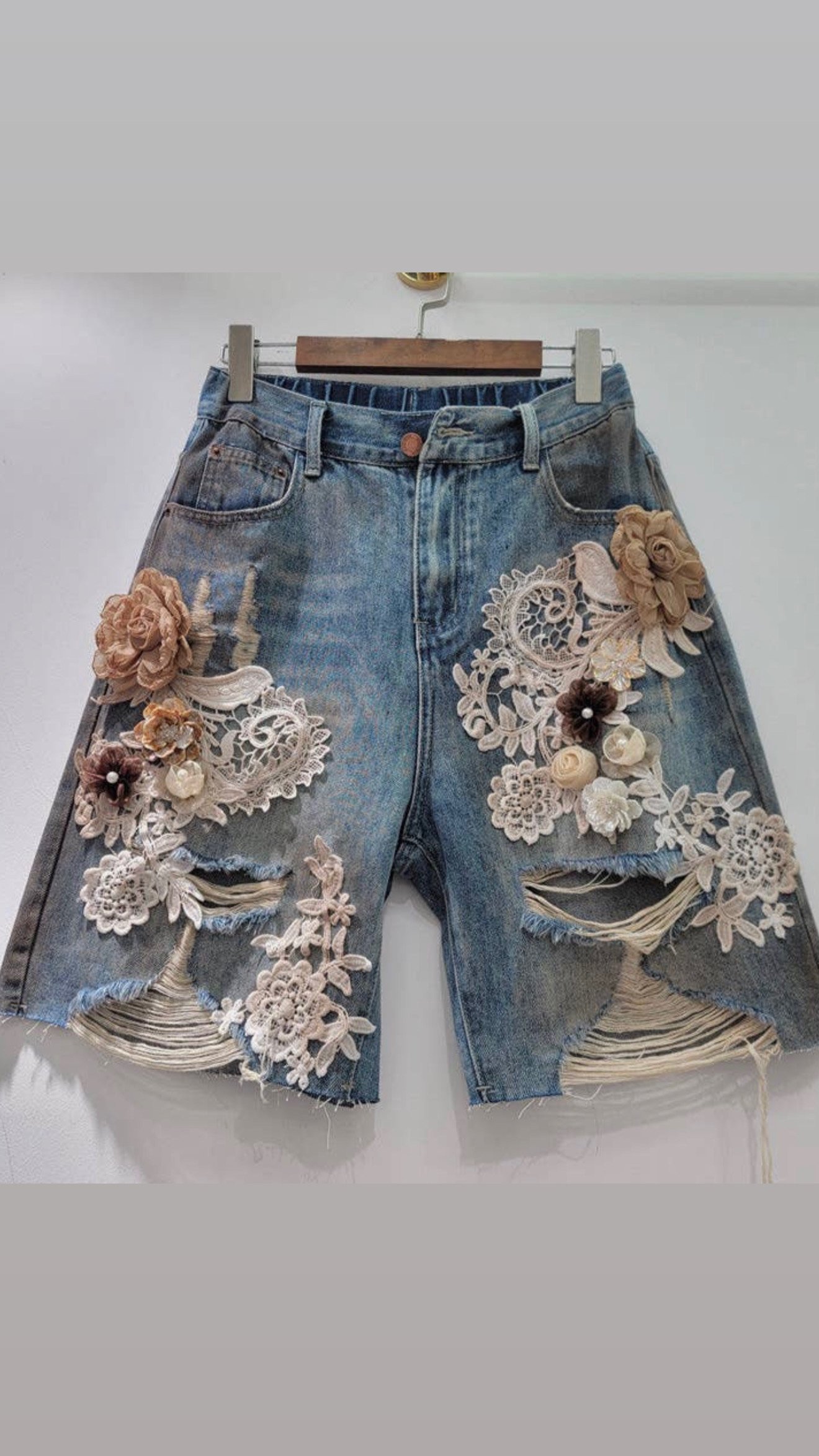 Floral Lace Embellished Denim Shorts