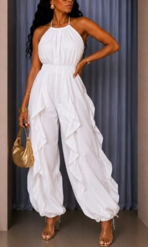 HALTER RUFFLED DRAWSTRING JUMPSUIT