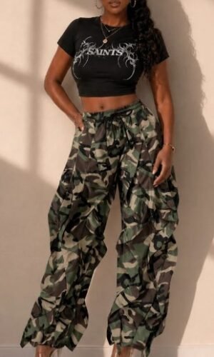 Camo Print Ruffle Drawstring Jogger